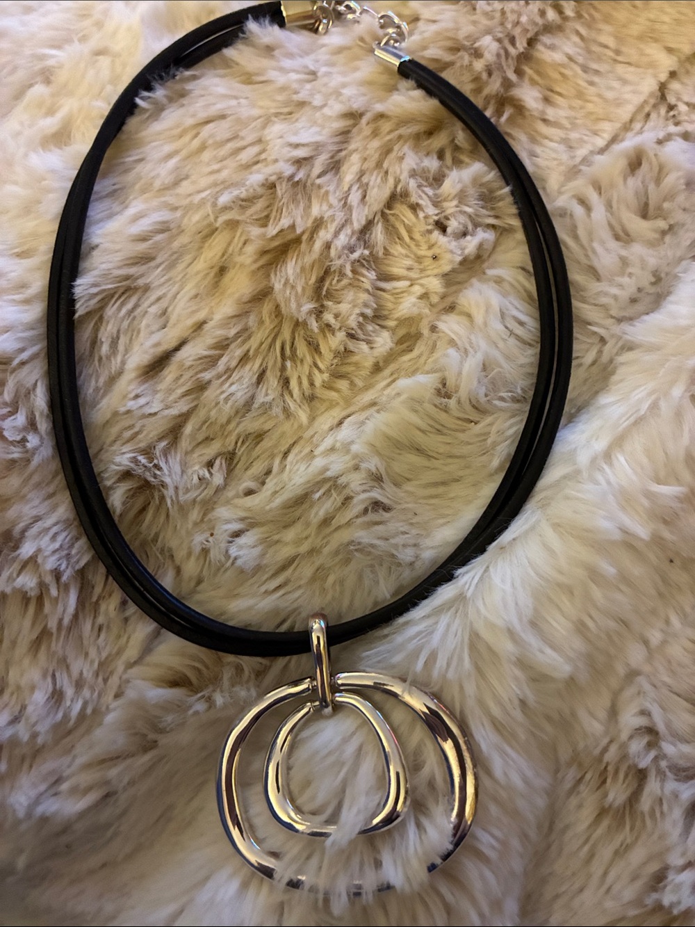 Chico's Black Cord Necklace with Silver Double Loop Pendant